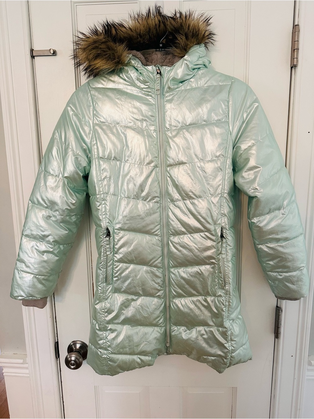 Lands' End Mint Green Fleece-Lined Quilted Puffer Coat w Removable Faux Fur Hood
